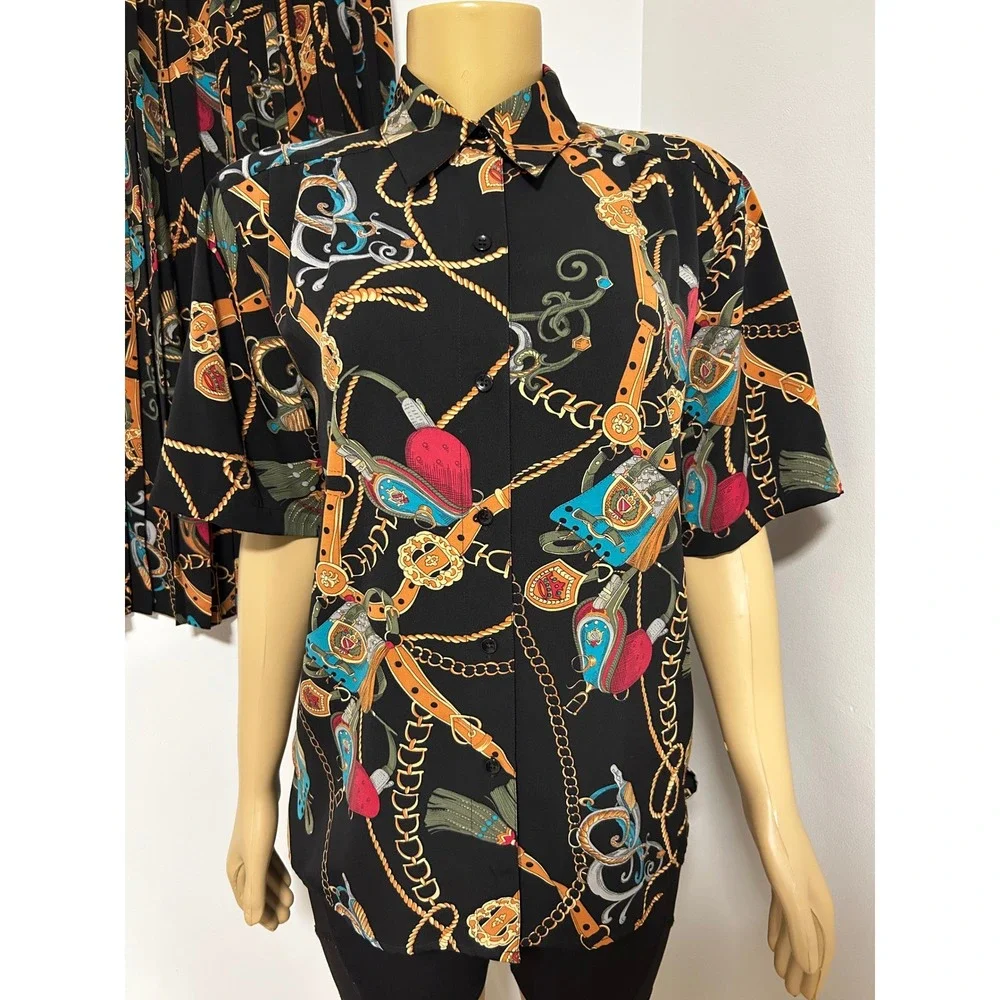 Alfred Dunner Vintage 2 Piece Set LARGE Black Equestrian Chain Print Skirt